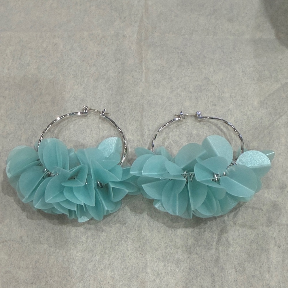 Silver Hoop Earrings with Blue Floral Accents